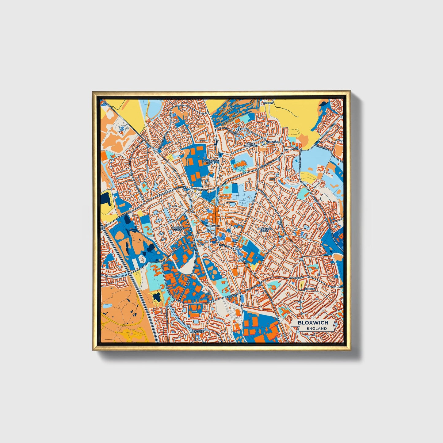 Bloxwich England Colorful City Map Canvas Print • Gold Framed
