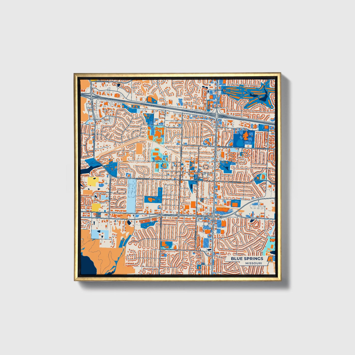 Blue Springs Missouri Colorful City Map Canvas Print • Gold Framed