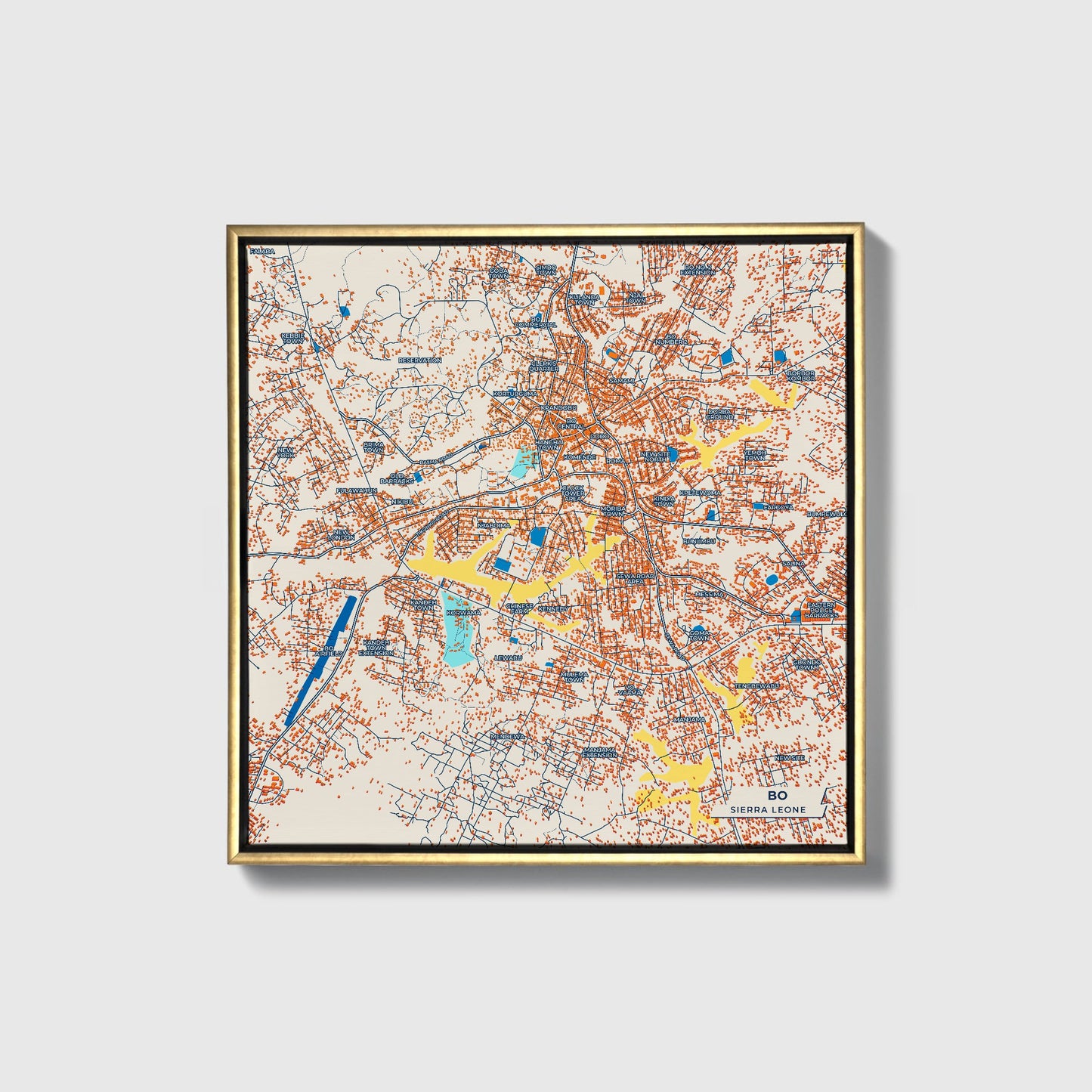 Bo Sierra Leone Colorful City Map Canvas Print • Gold Framed