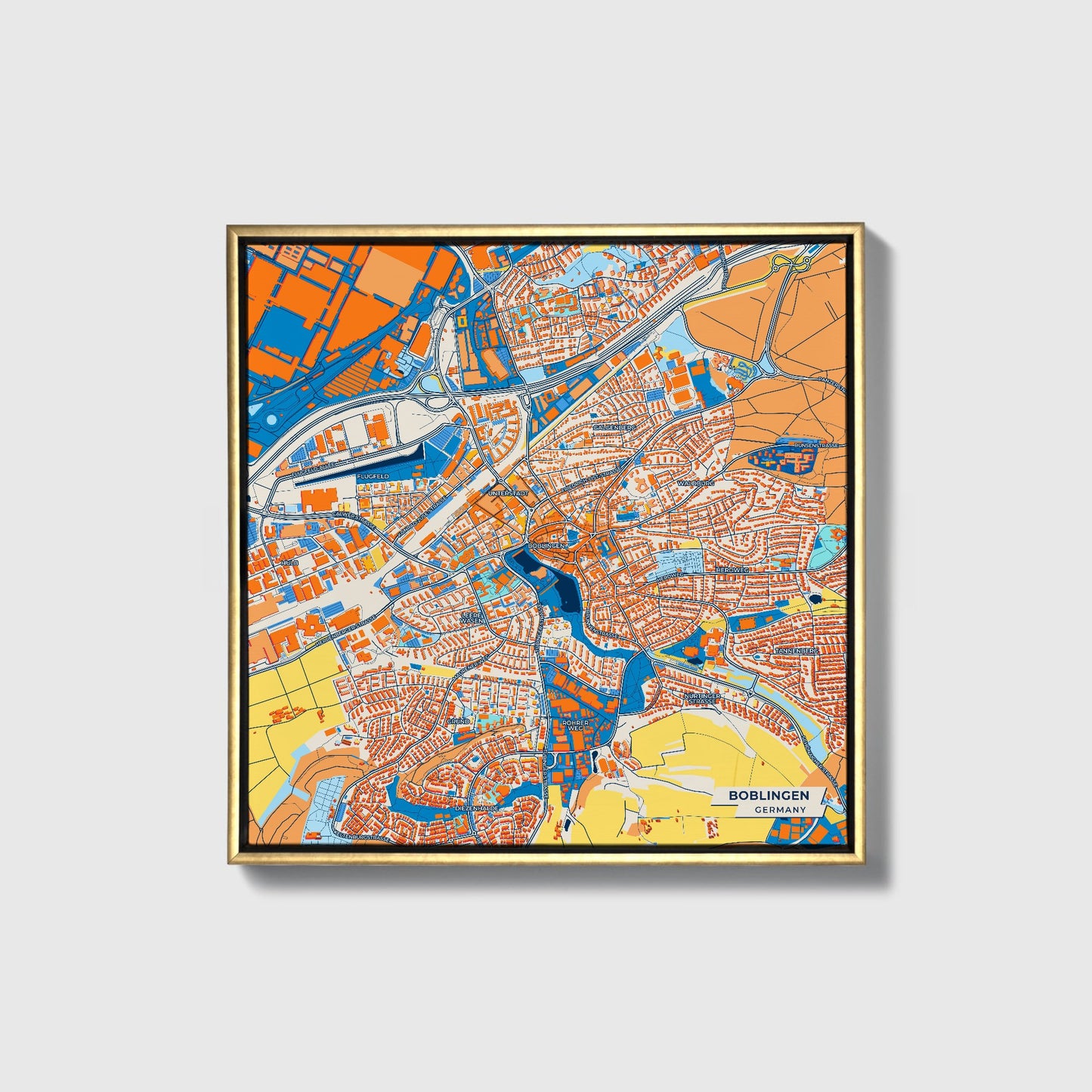 Böblingen Germany Colorful City Map Canvas Print • Gold Framed