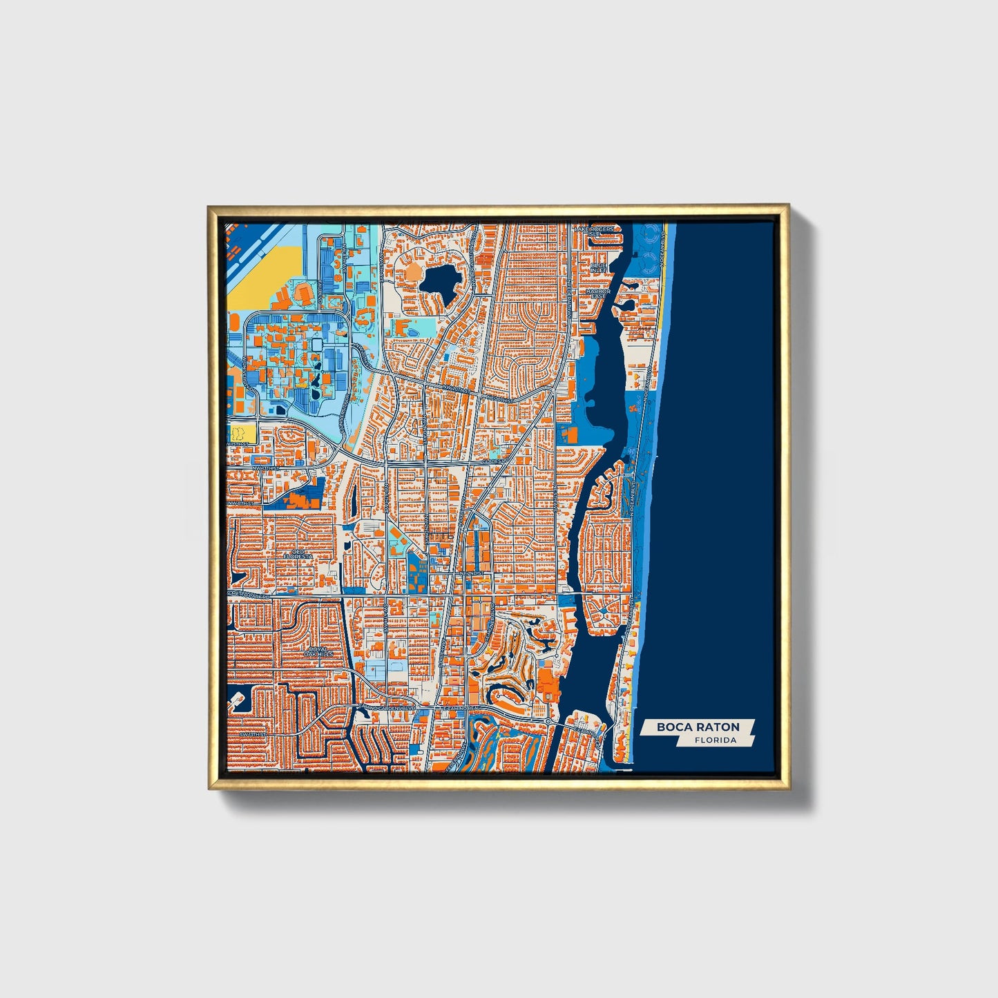 Boca Raton Florida Colorful City Map Canvas Print • Gold Framed