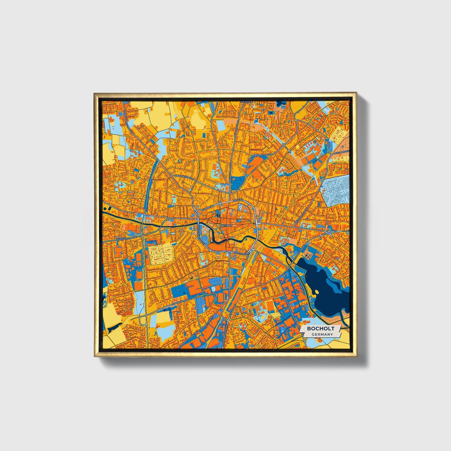 Bocholt Germany Colorful City Map Canvas Print • Gold Framed