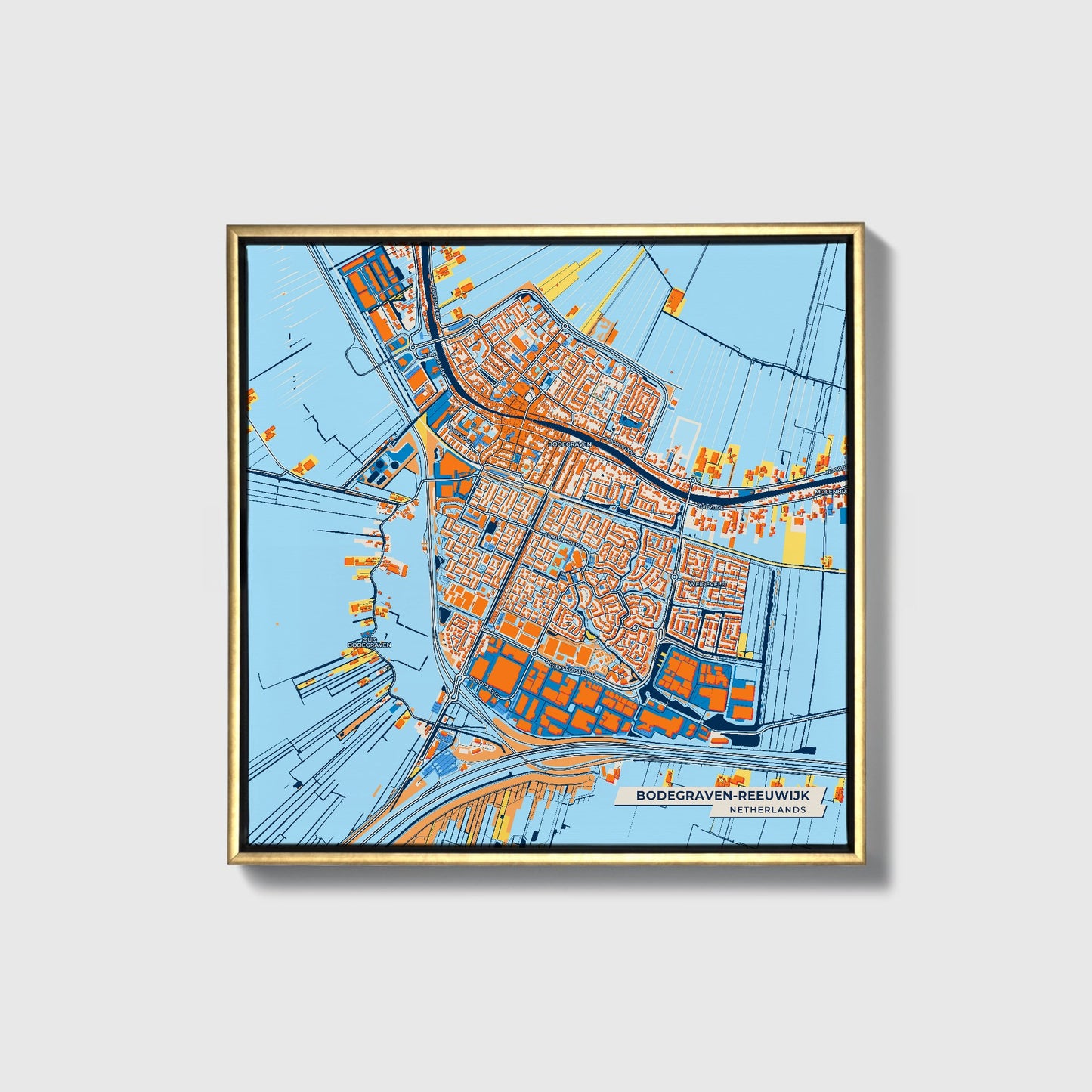 Bodegraven-Reeuwijk Netherlands Colorful City Map Canvas Print • Gold Framed