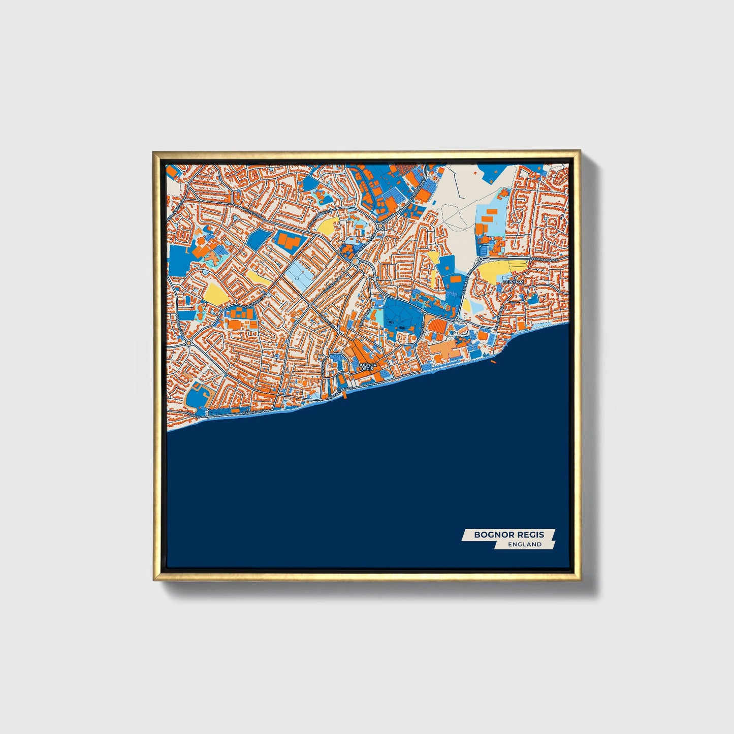 Bognor Regis England Colorful City Map Canvas Print • Gold Framed