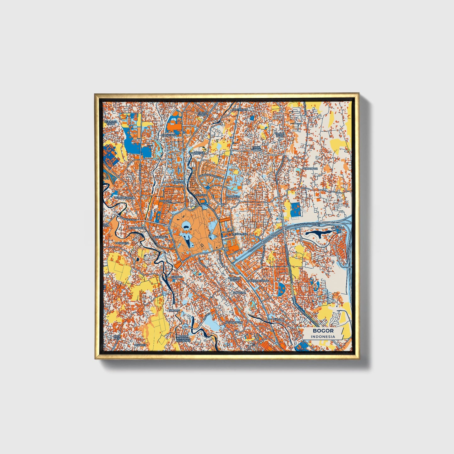 Bogor Indonesia Colorful City Map Canvas Print • Gold Framed