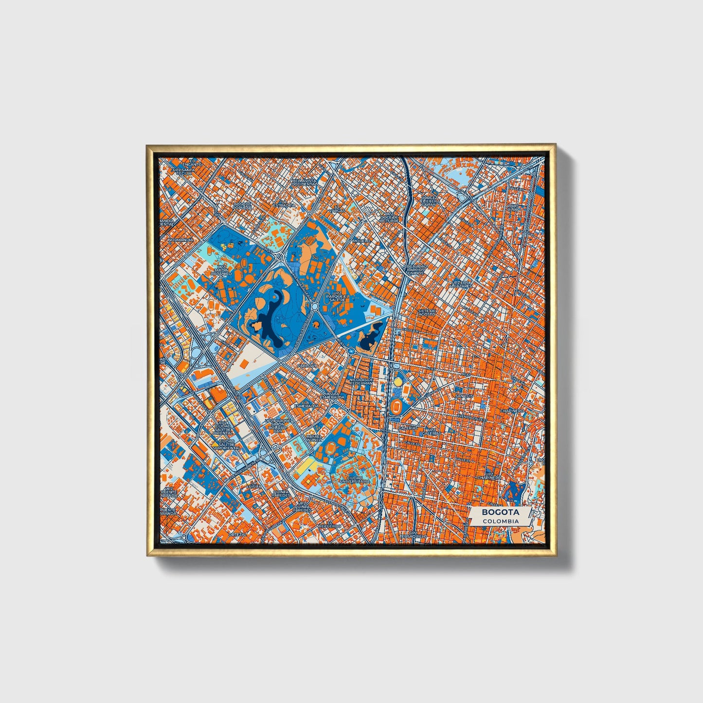 Bogota Colombia Colorful City Map Canvas Print • Gold Framed
