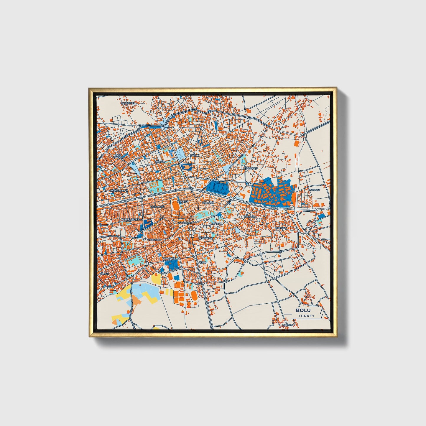 Bolu Turkey Colorful City Map Canvas Print • Gold Framed