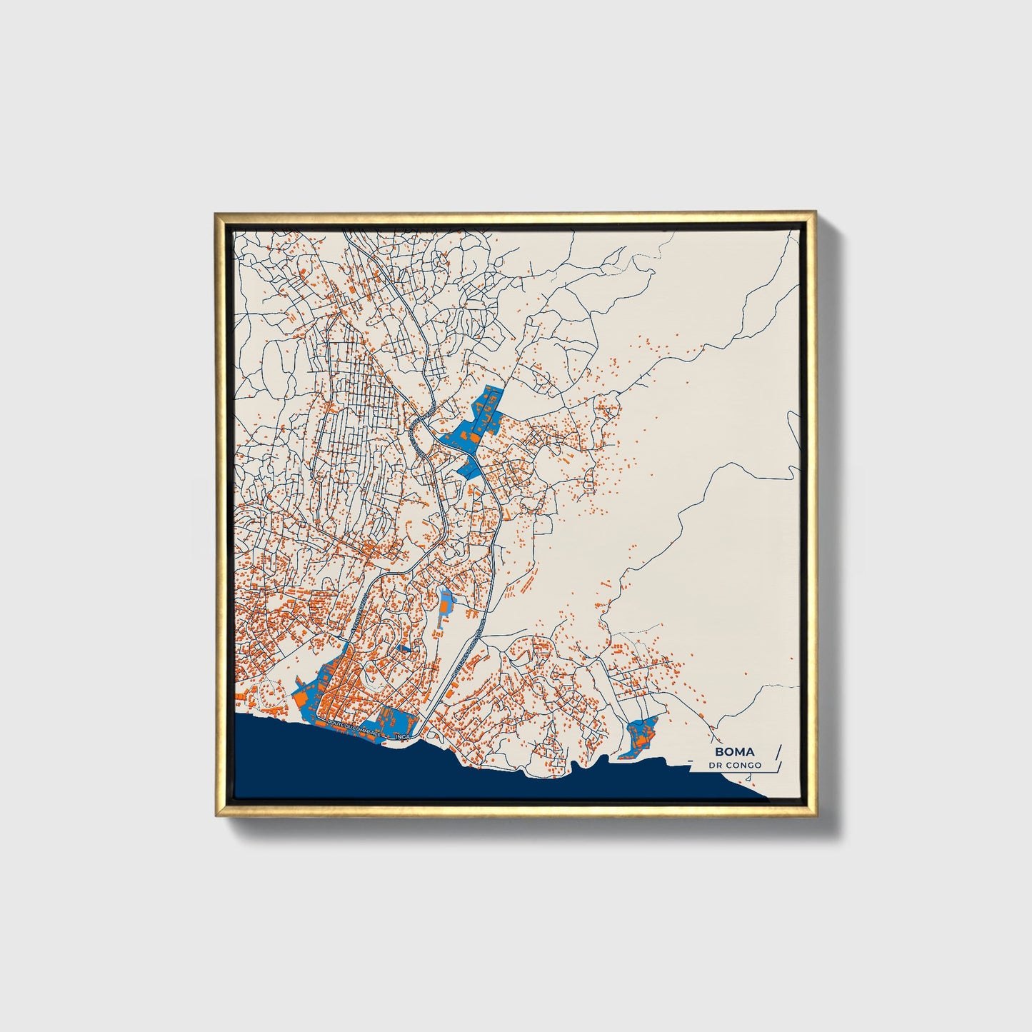 Boma Dr Congo Colorful City Map Canvas Print • Gold Framed