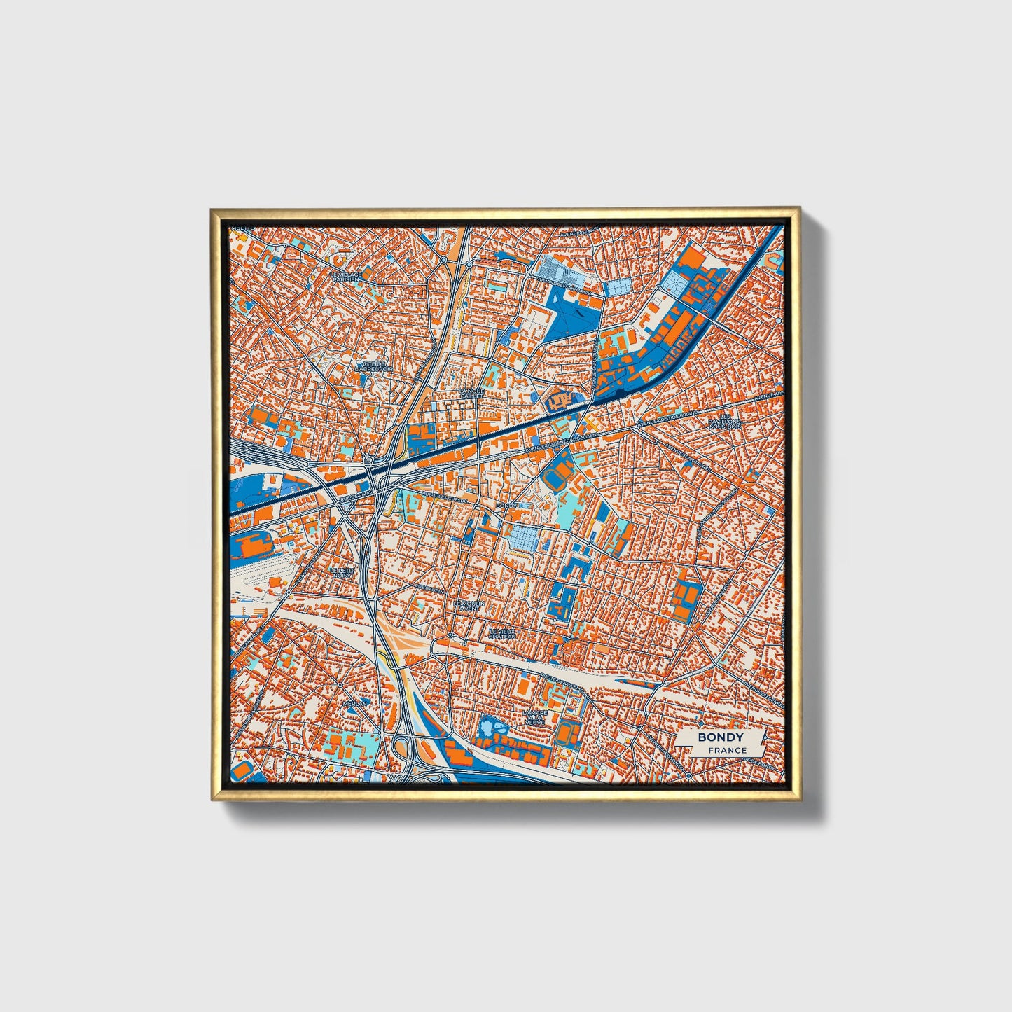 Bondy France Colorful City Map Canvas Print • Gold Framed