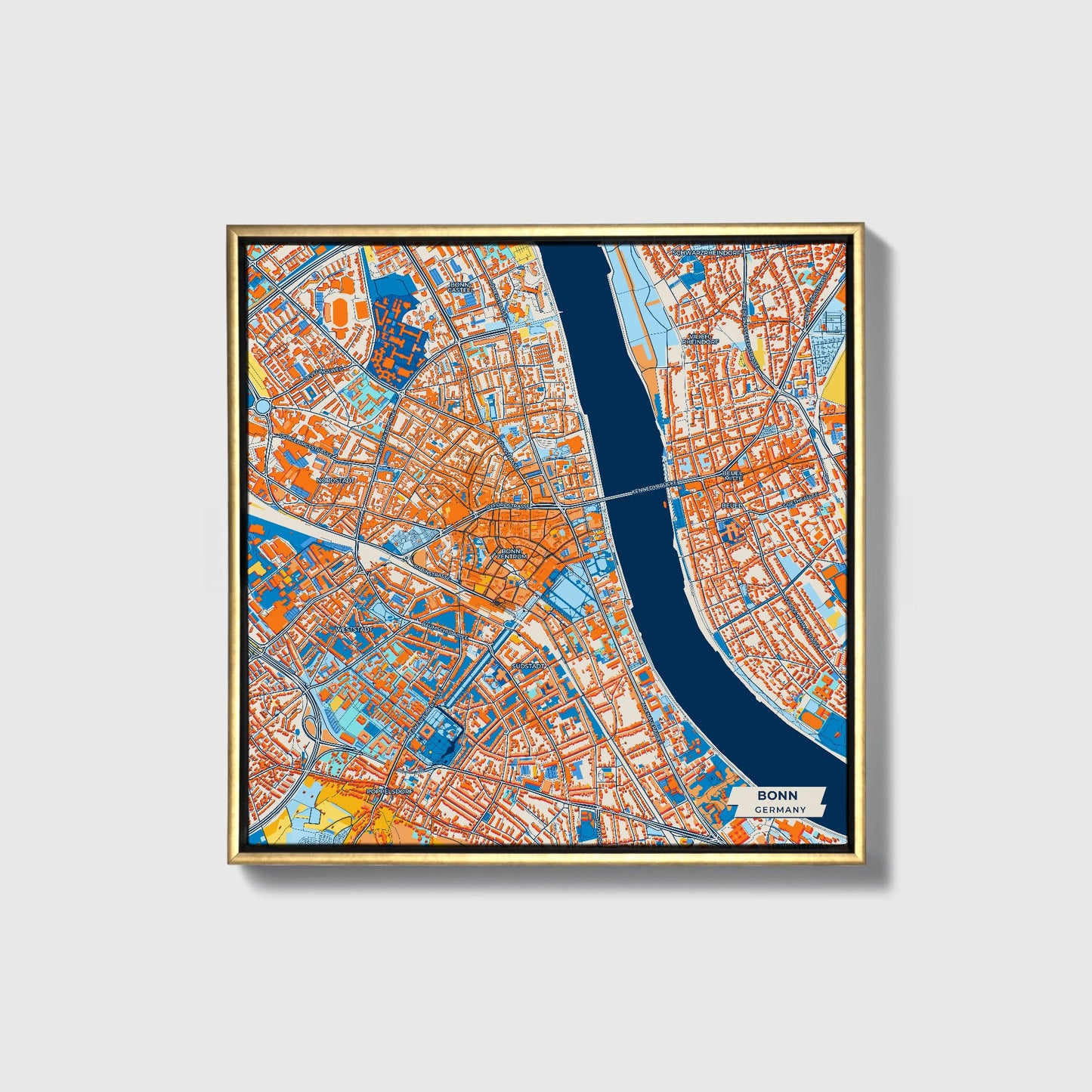 Bonn Germany Colorful City Map Canvas Print • Gold Framed