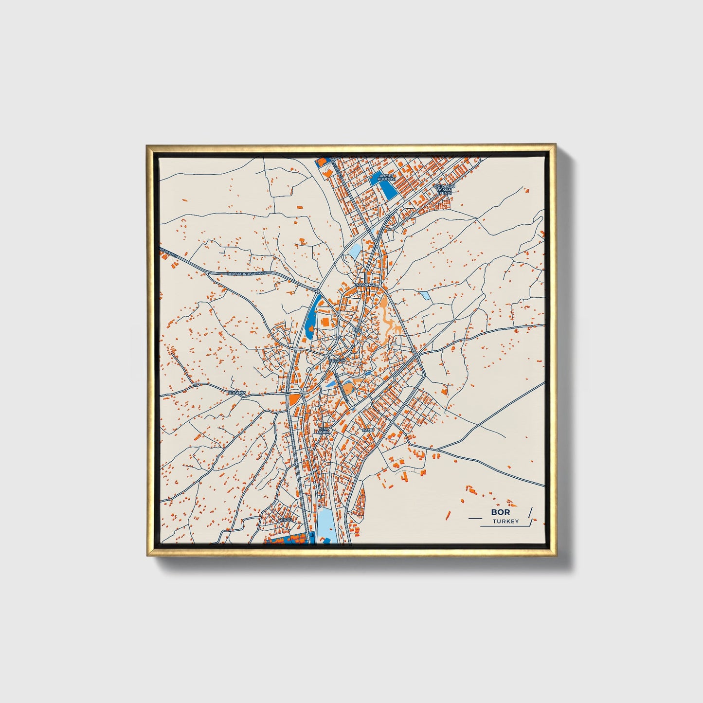 Bor Turkey Colorful City Map Canvas Print • Gold Framed