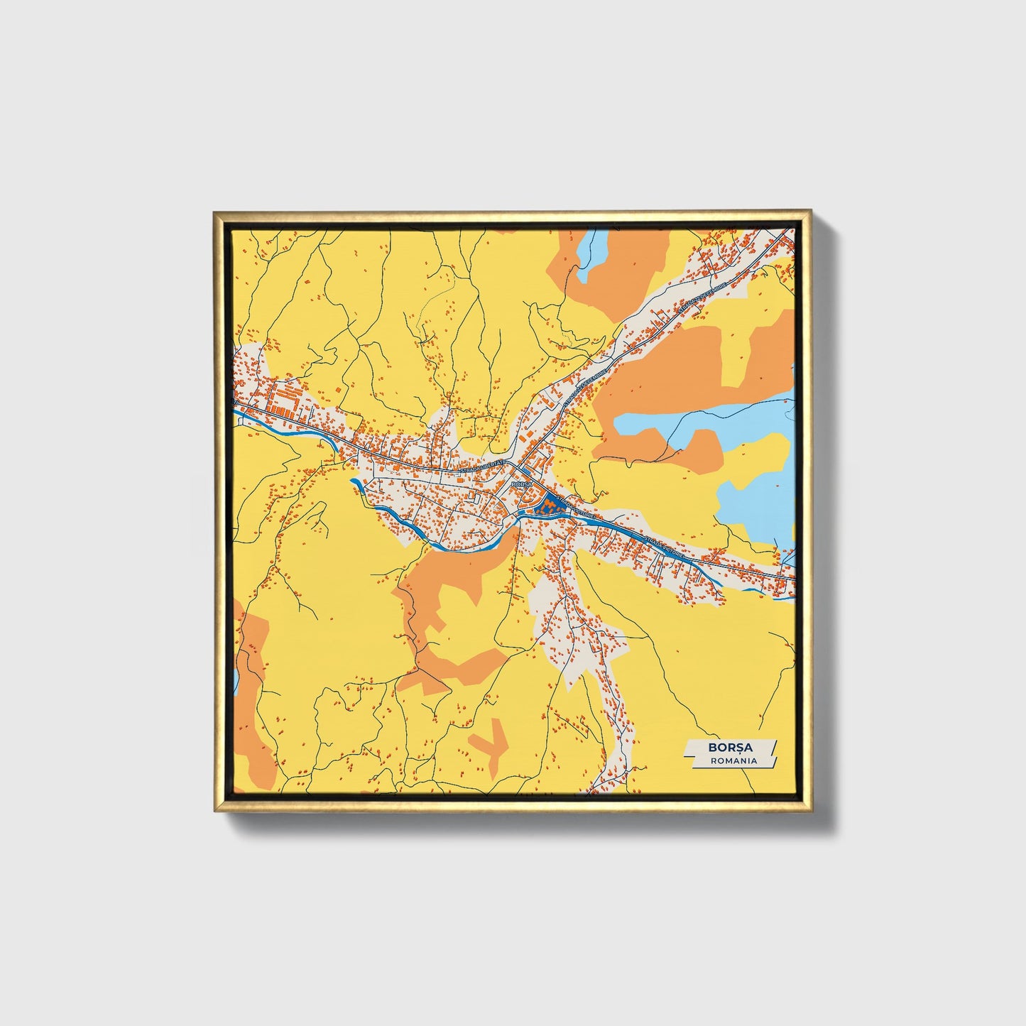 Borșa Romania Colorful City Map Canvas Print • Gold Framed