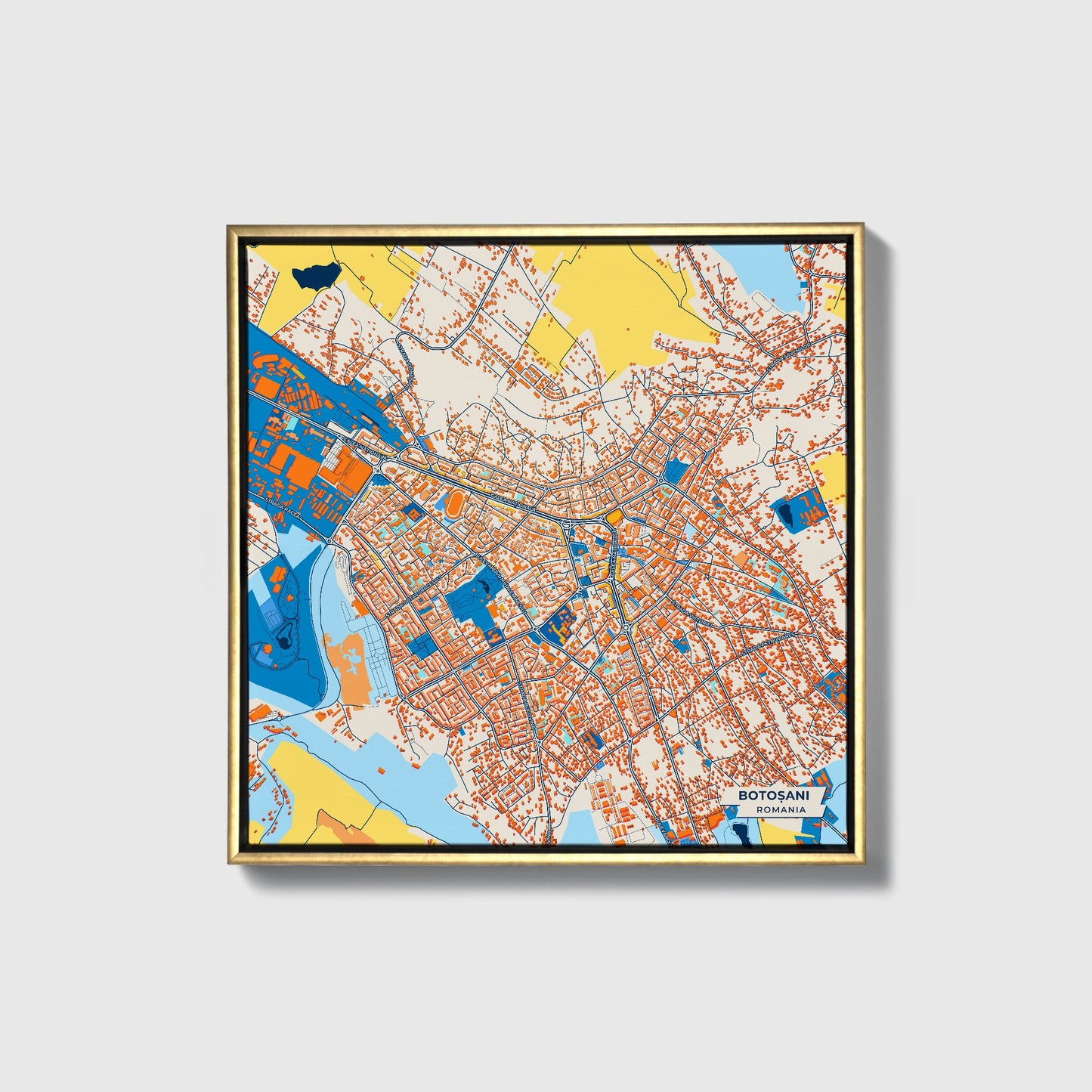Botoșani Romania Colorful City Map Canvas Print • Gold Framed