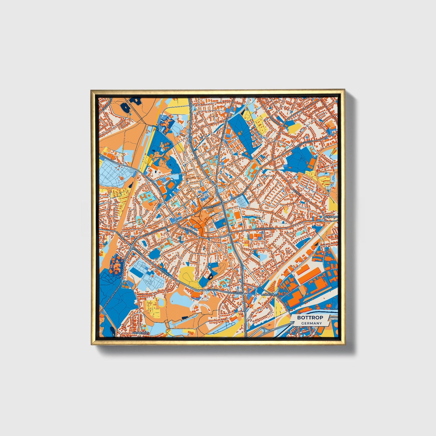 Bottrop Germany Colorful City Map Canvas Print • Gold Framed