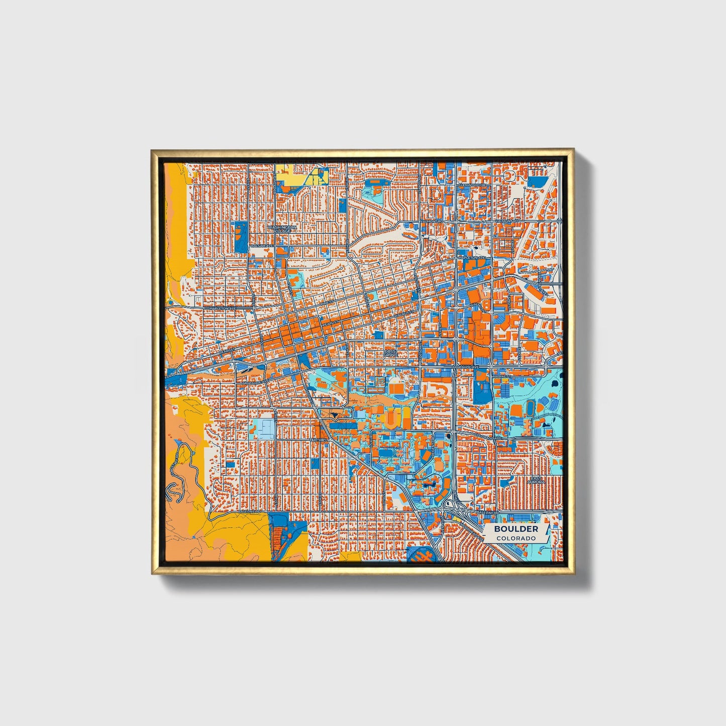 Boulder Colorado Colorful City Map Canvas Print • Gold Framed