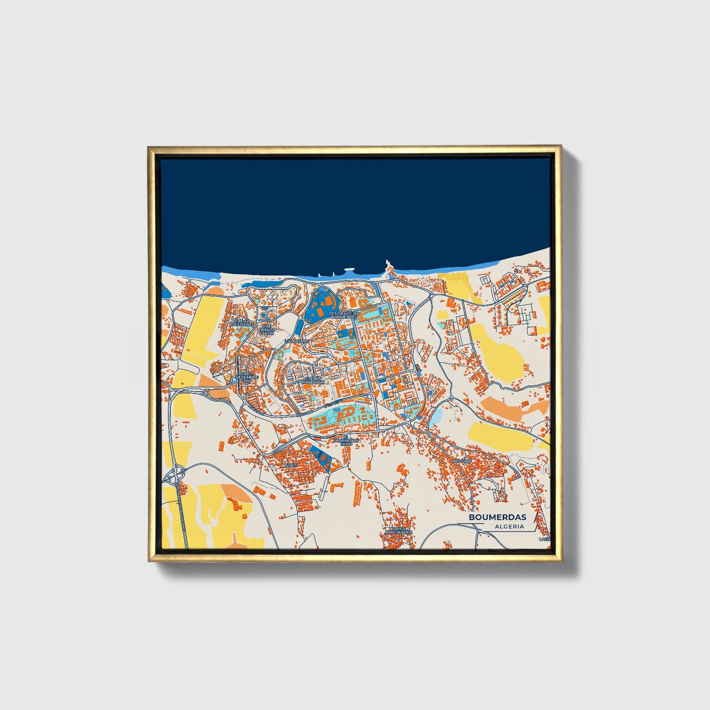 Boumerdas Algeria Colorful City Map Canvas Print • Gold Framed