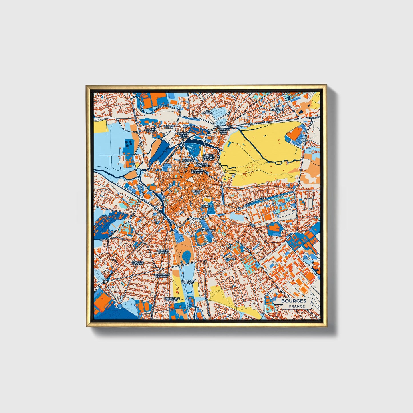 Bourges France Colorful City Map Canvas Print • Gold Framed