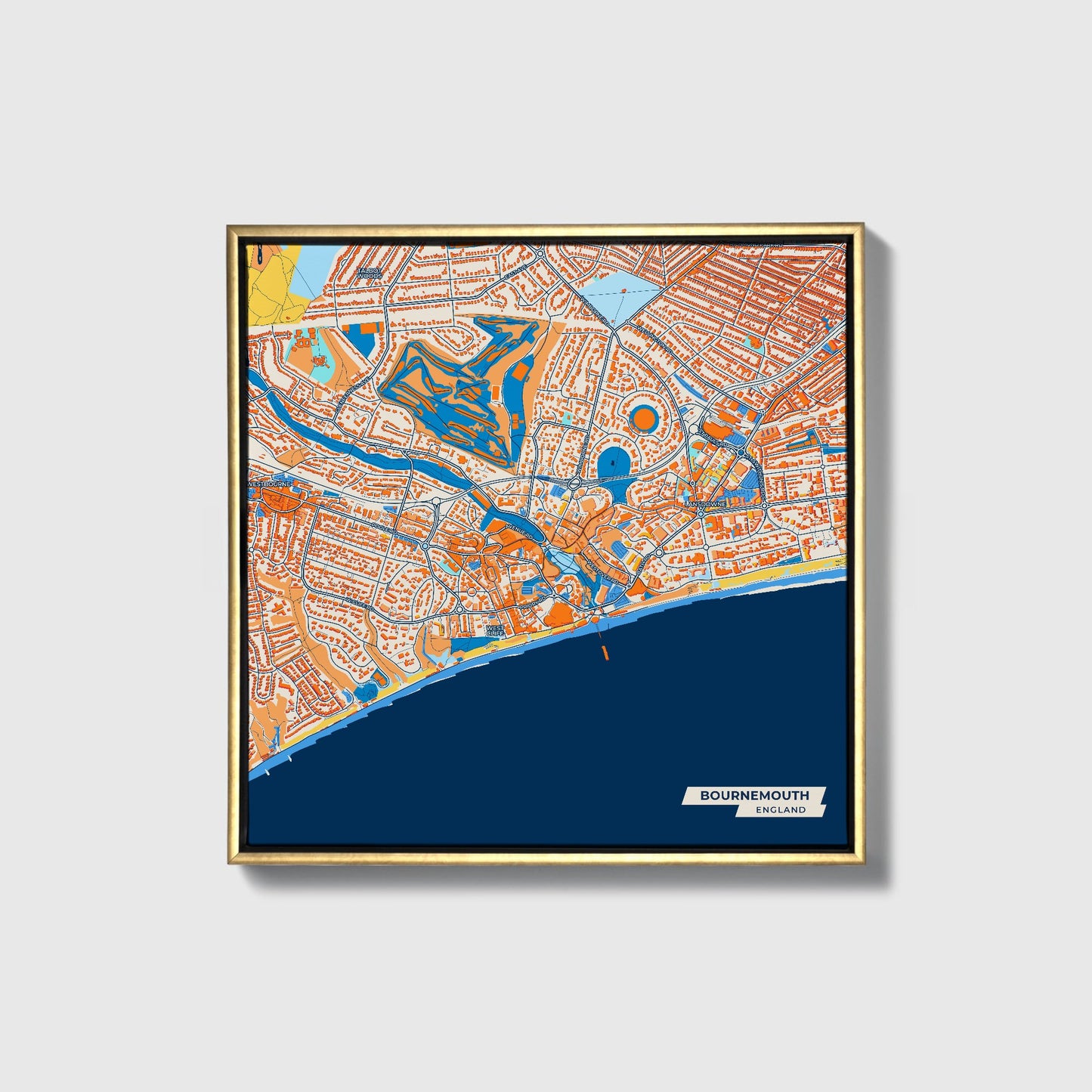 Bournemouth England Colorful City Map Canvas Print • Gold Framed