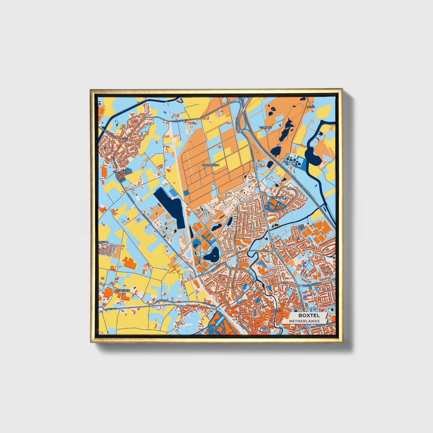 Boxtel Netherlands Colorful City Map Canvas Print • Gold Framed