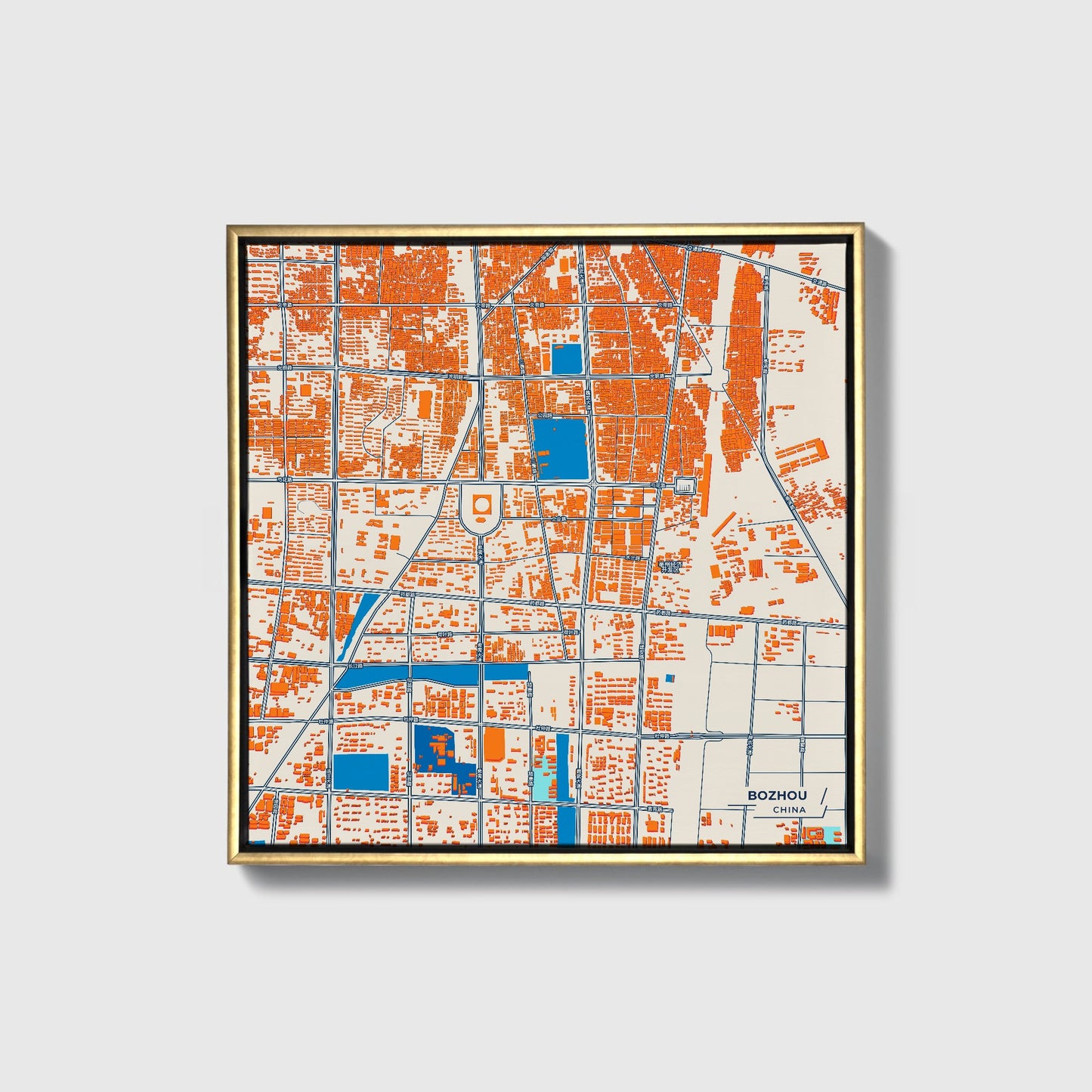Bozhou China Colorful City Map Canvas Print • Gold Framed