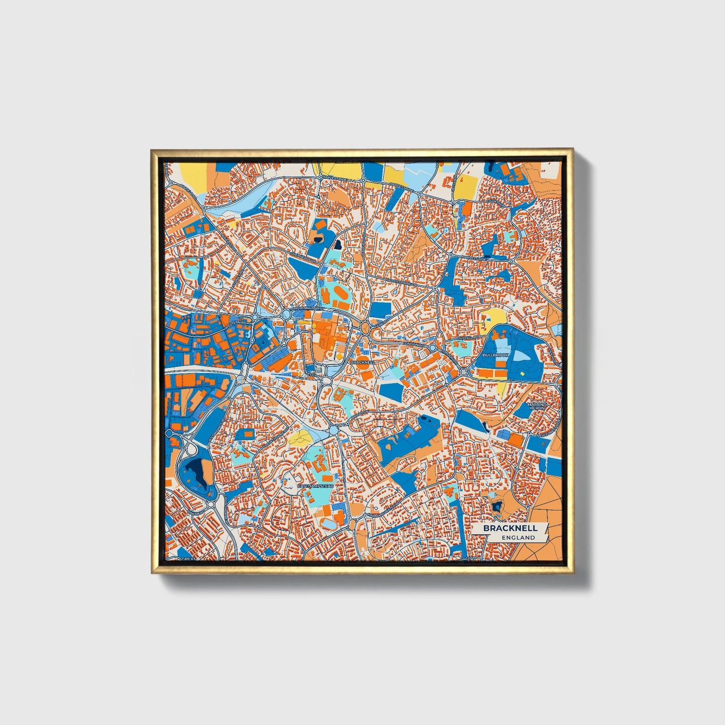Bracknell England Colorful City Map Canvas Print • Gold Framed