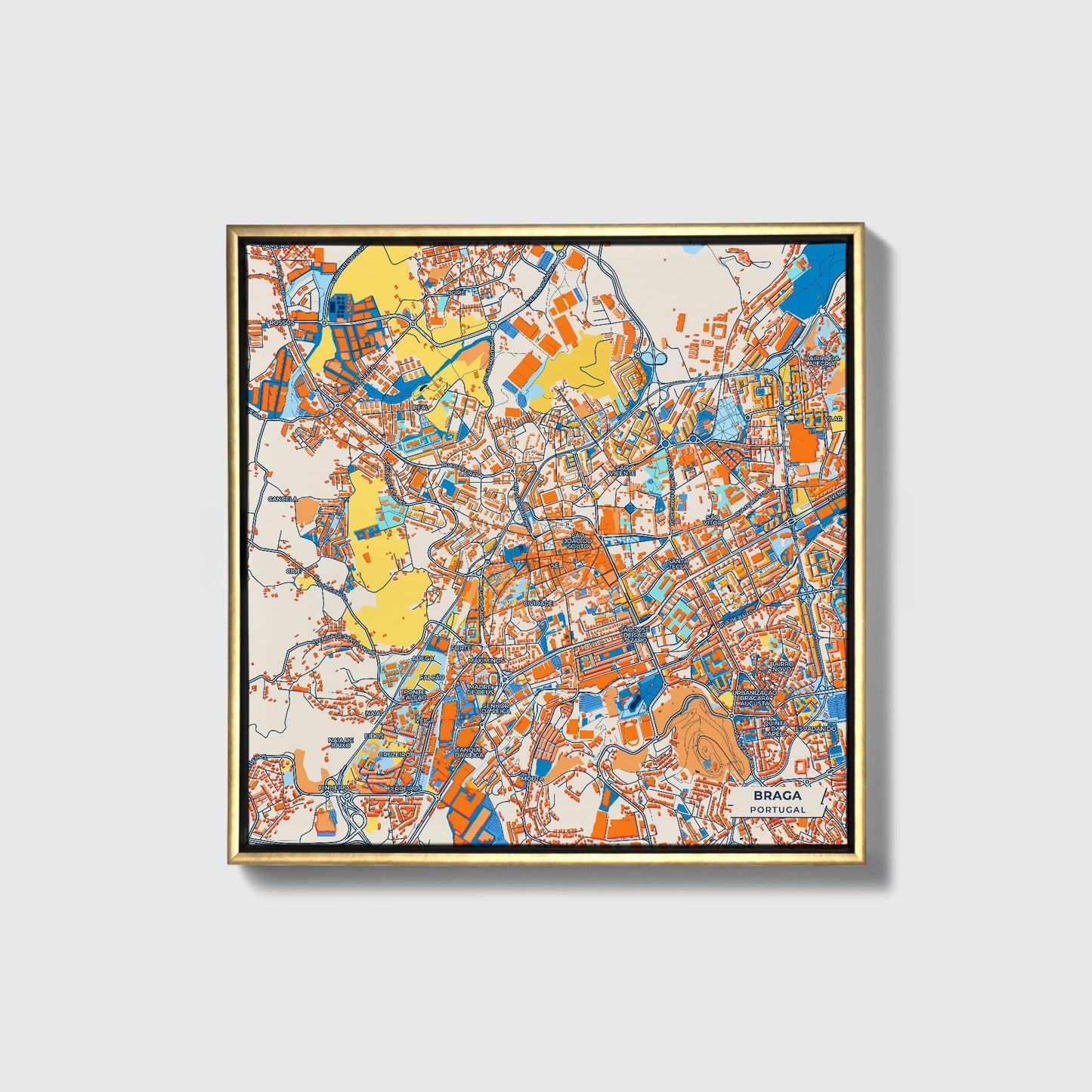 Braga Portugal Colorful City Map Canvas Print • Gold Framed