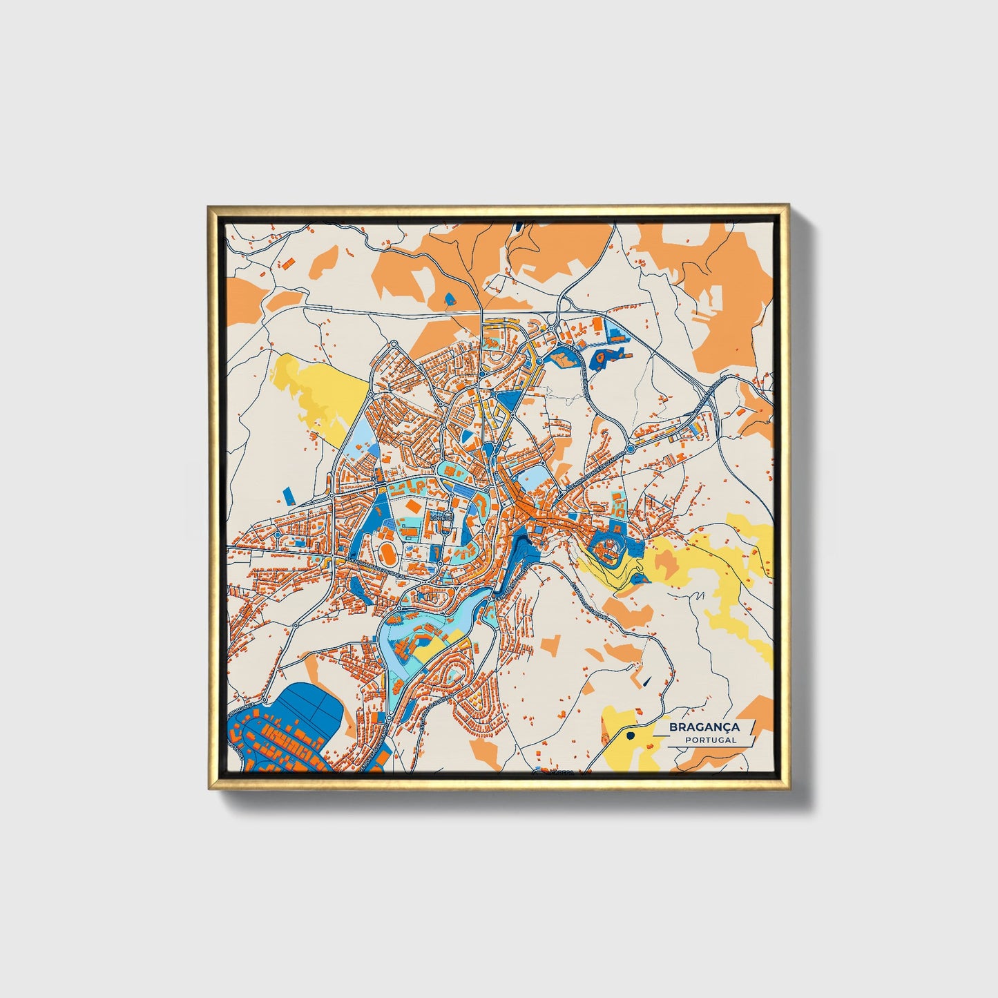 Bragança Portugal Colorful City Map Canvas Print • Gold Framed