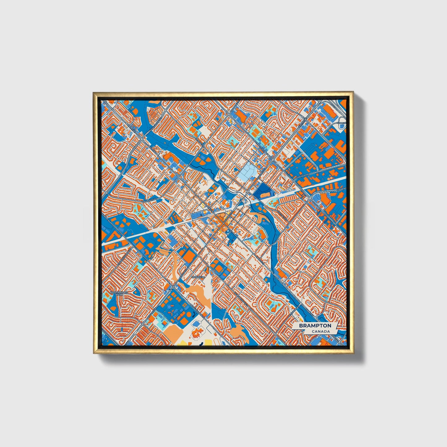 Brampton Canada Colorful City Map Canvas Print • Gold Framed