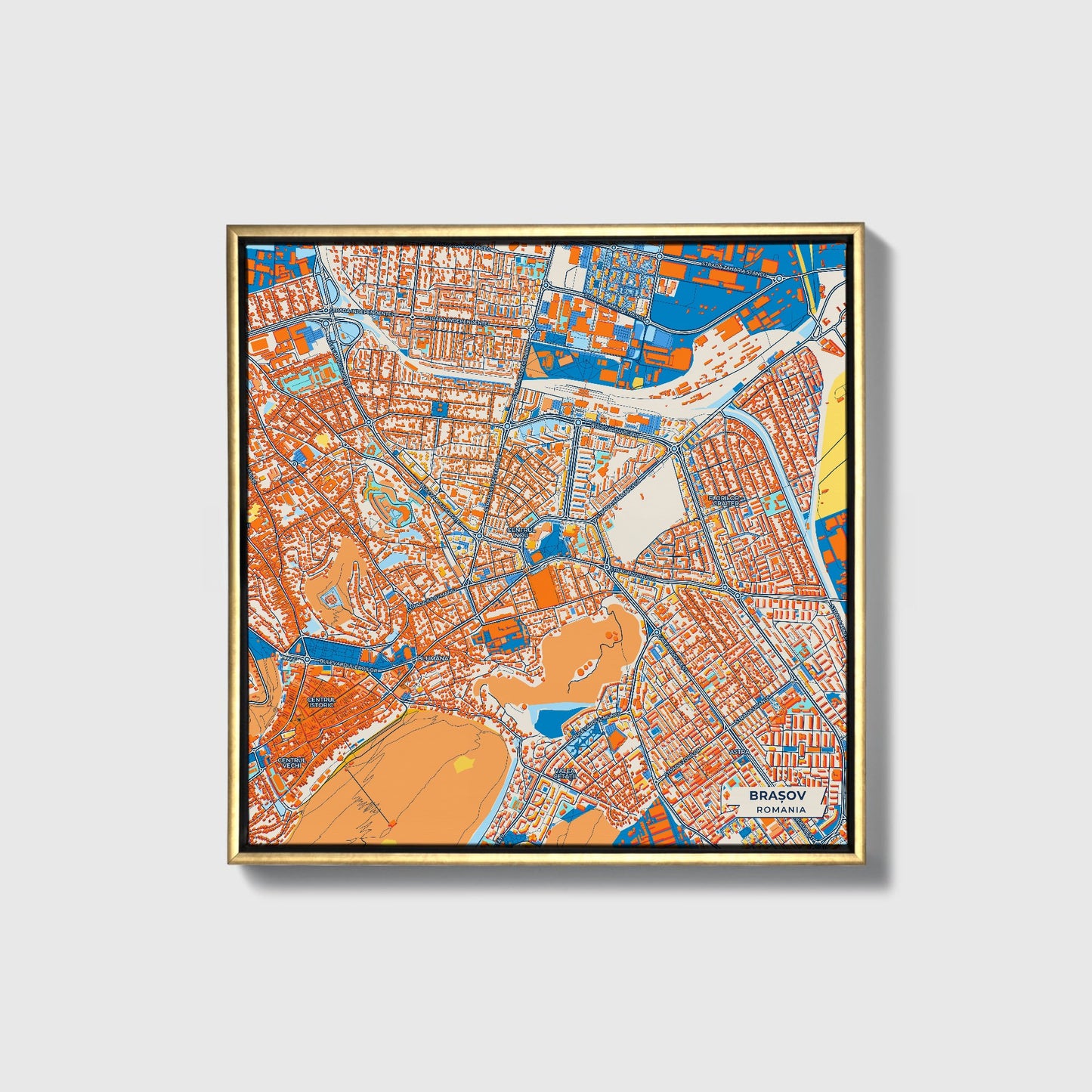 Brașov Romania Colorful City Map Canvas Print • Gold Framed