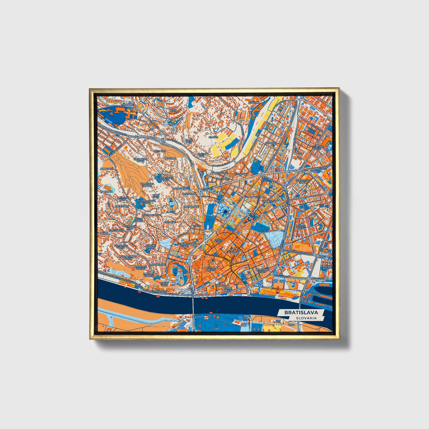 Bratislava Slovakia Colorful City Map Canvas Print • Gold Framed