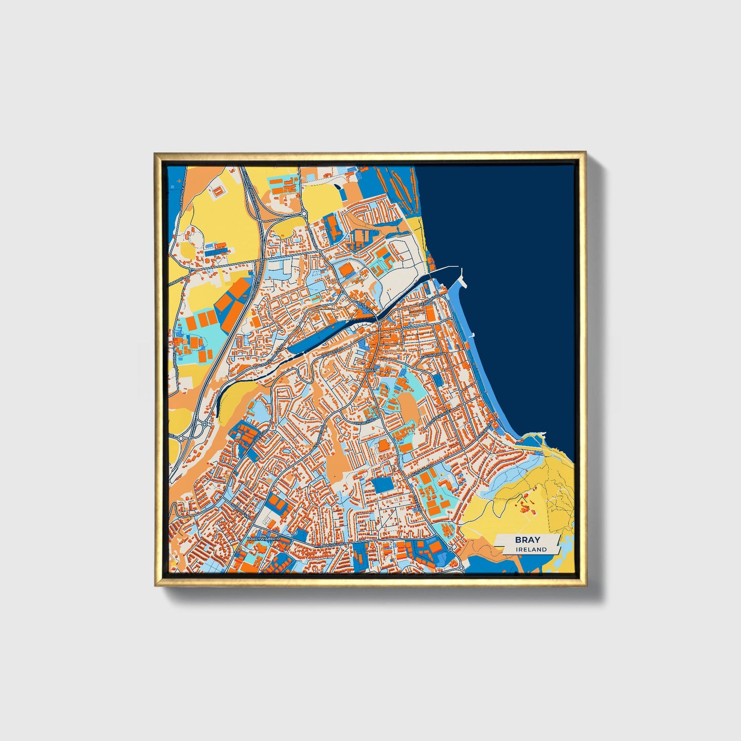Bray Ireland Colorful City Map Canvas Print • Gold Framed