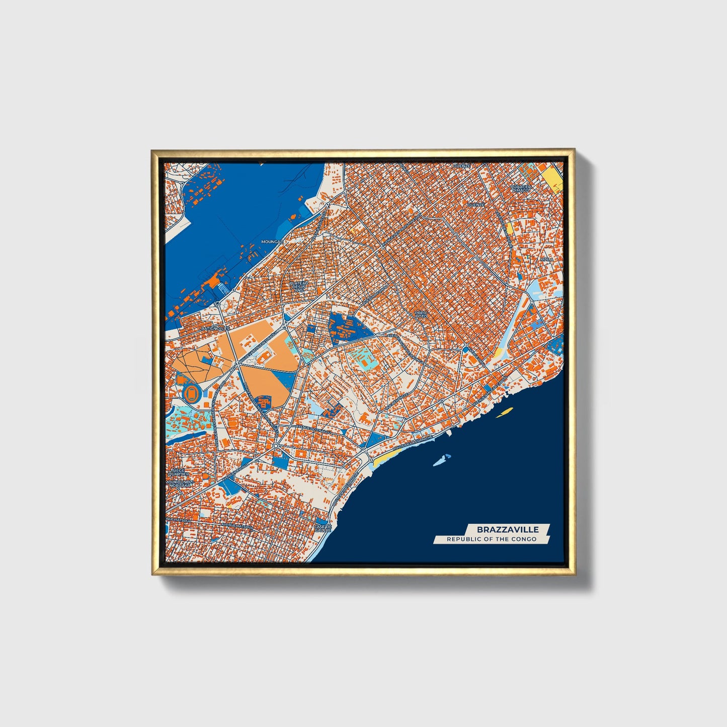 Brazzaville Republic Of The Congo Colorful City Map Canvas Print • Gold Framed