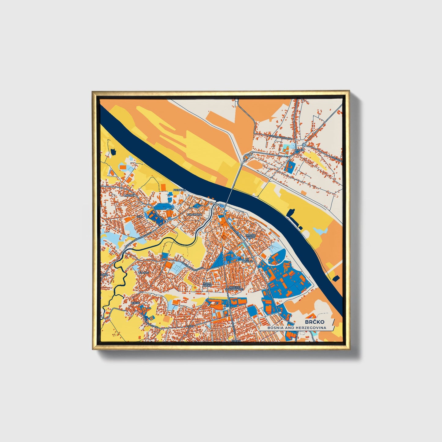 Brčko Bosnia And Herzegovina Colorful City Map Canvas Print • Gold Framed