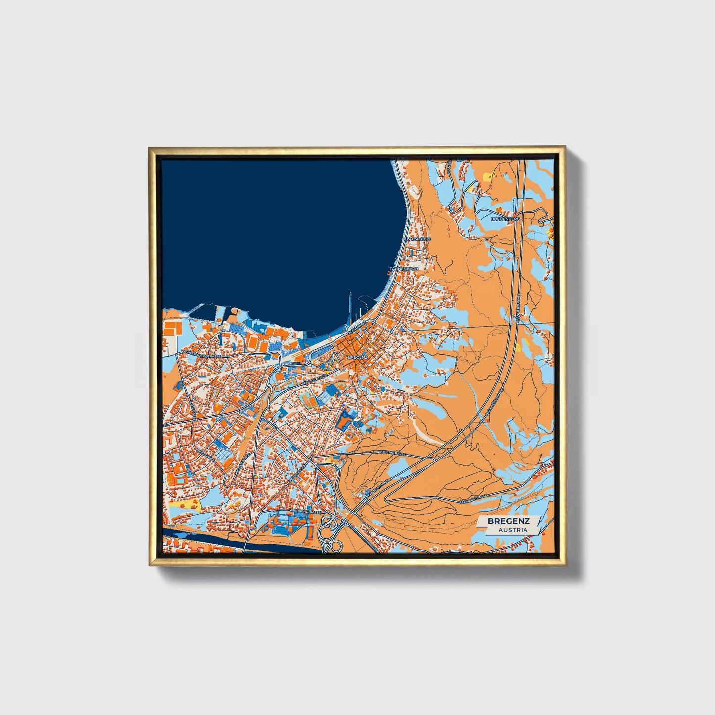 Bregenz Austria Colorful City Map Canvas Print • Gold Framed