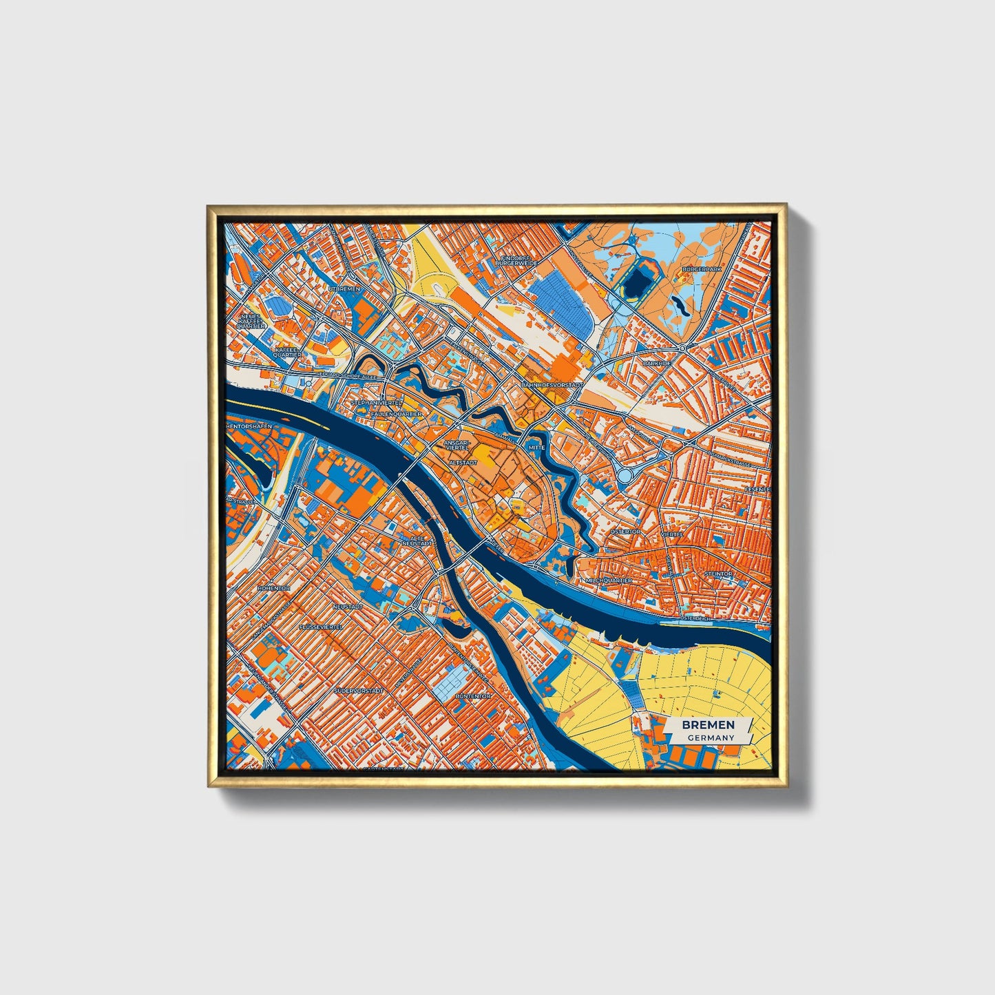 Bremen Germany Colorful City Map Canvas Print • Gold Framed