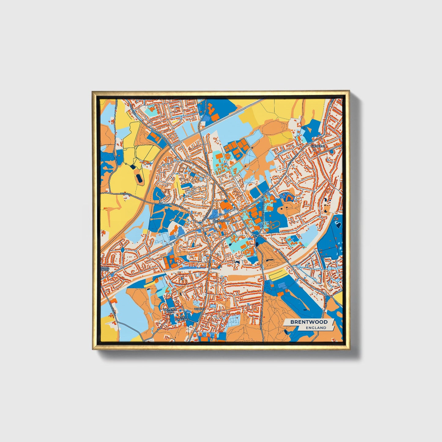 Brentwood England Colorful City Map Canvas Print • Gold Framed