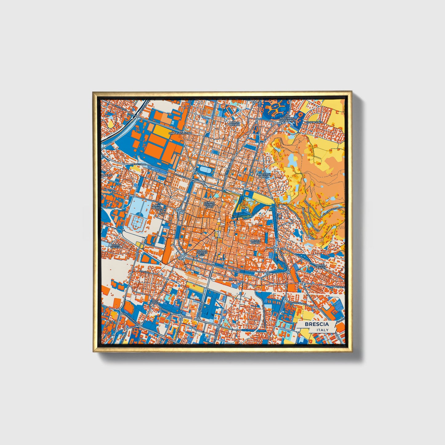 Brescia Italy Colorful City Map Canvas Print • Gold Framed