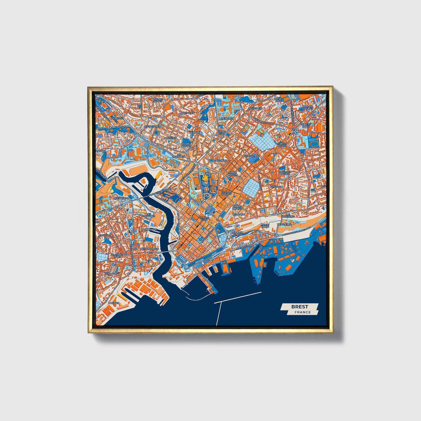 Brest France Colorful City Map Canvas Print • Gold Framed
