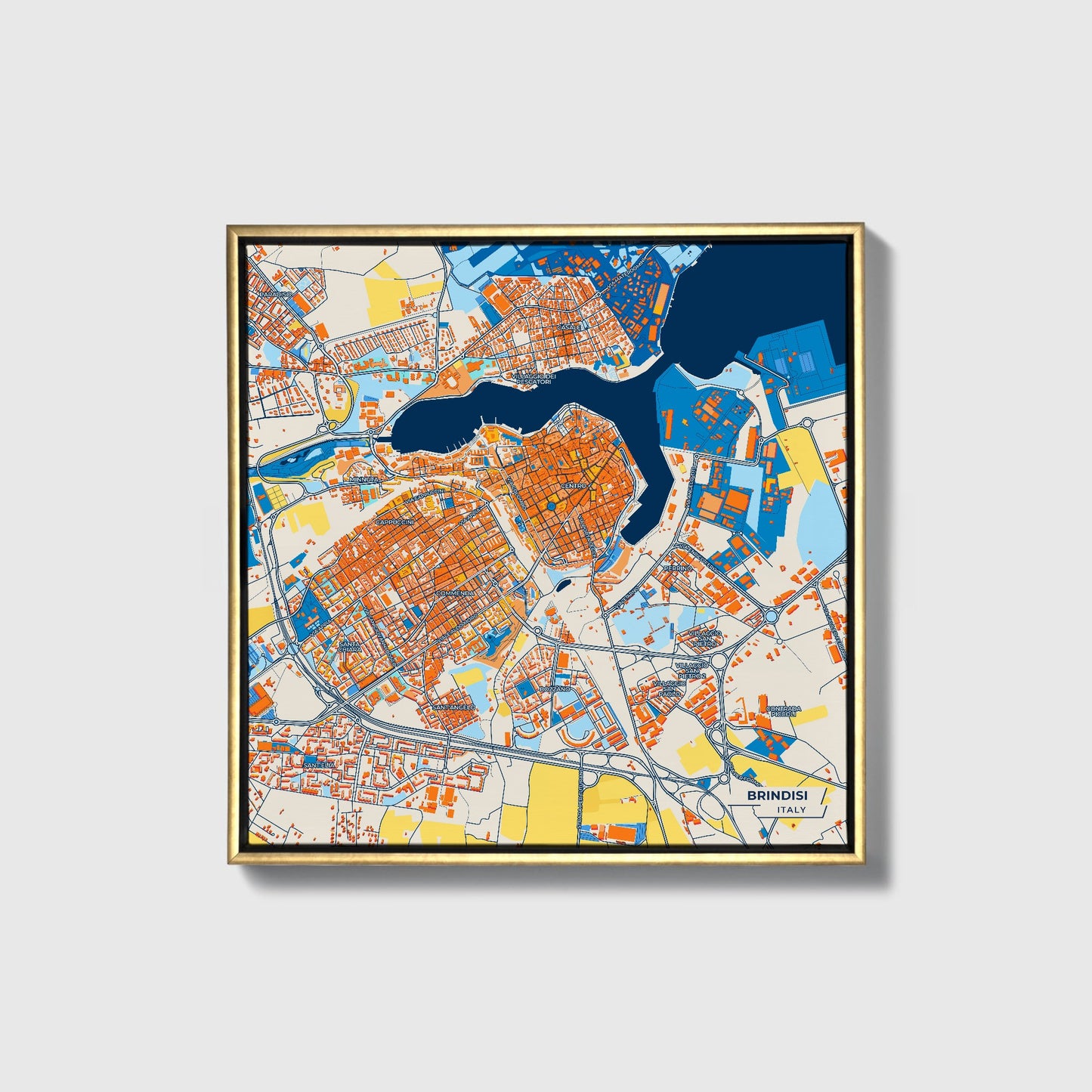 Brindisi Italy Colorful City Map Canvas Print • Gold Framed