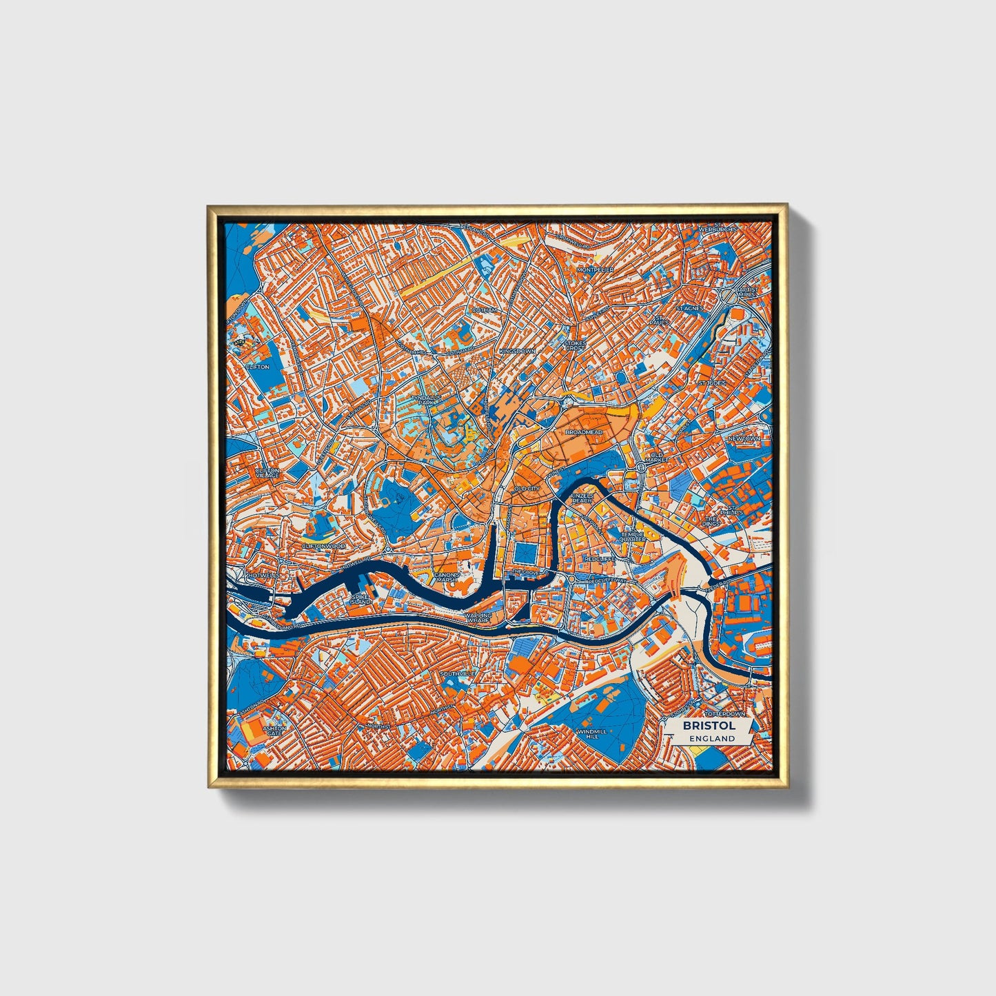 Bristol England Colorful City Map Canvas Print • Gold Framed