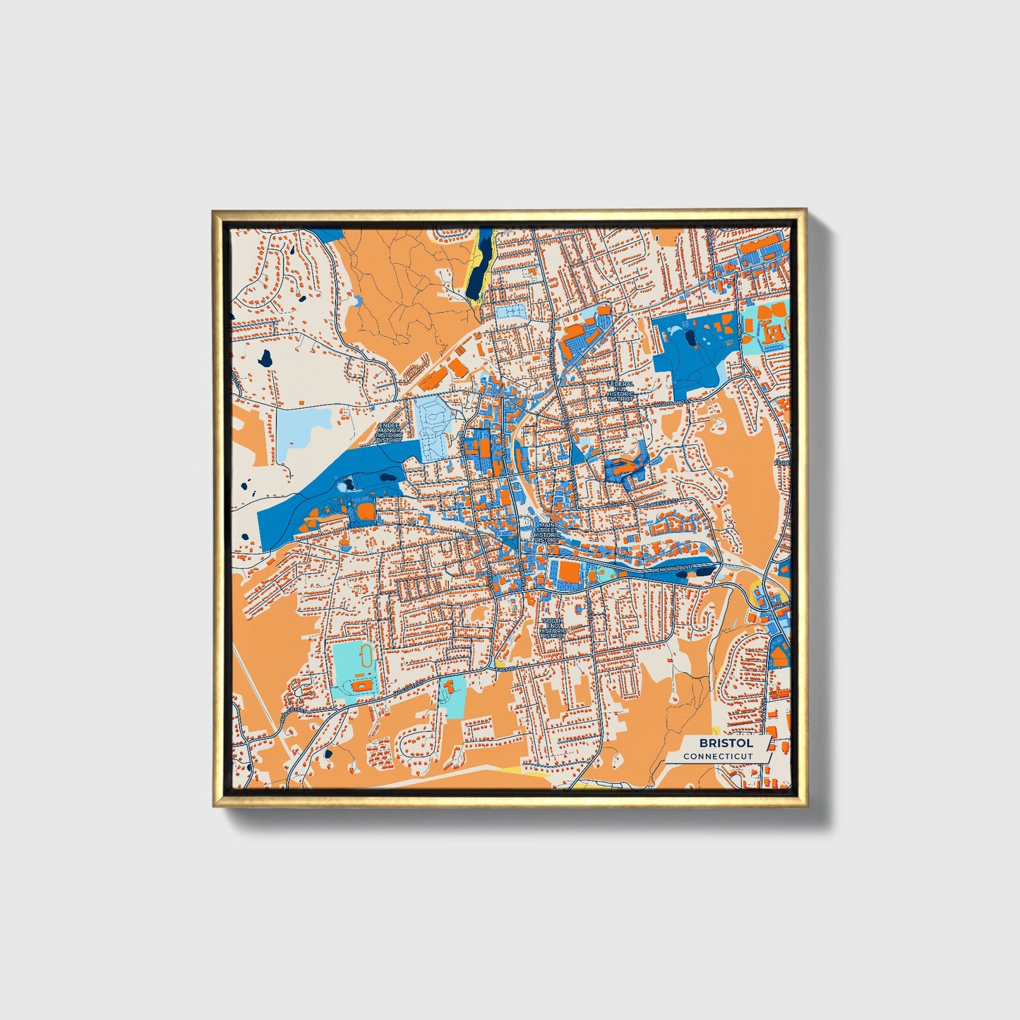 Bristol Connecticut Colorful City Map Canvas Print • Gold Framed