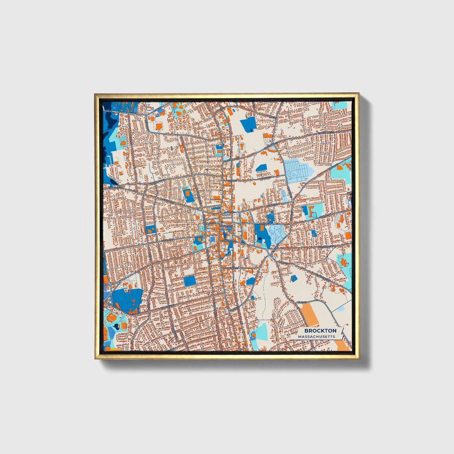 Brockton Massachusetts Colorful City Map Canvas Print • Gold Framed