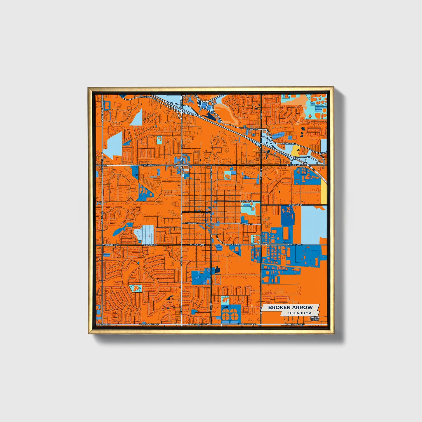 Broken Arrow Oklahoma Colorful City Map Canvas Print • Gold Framed