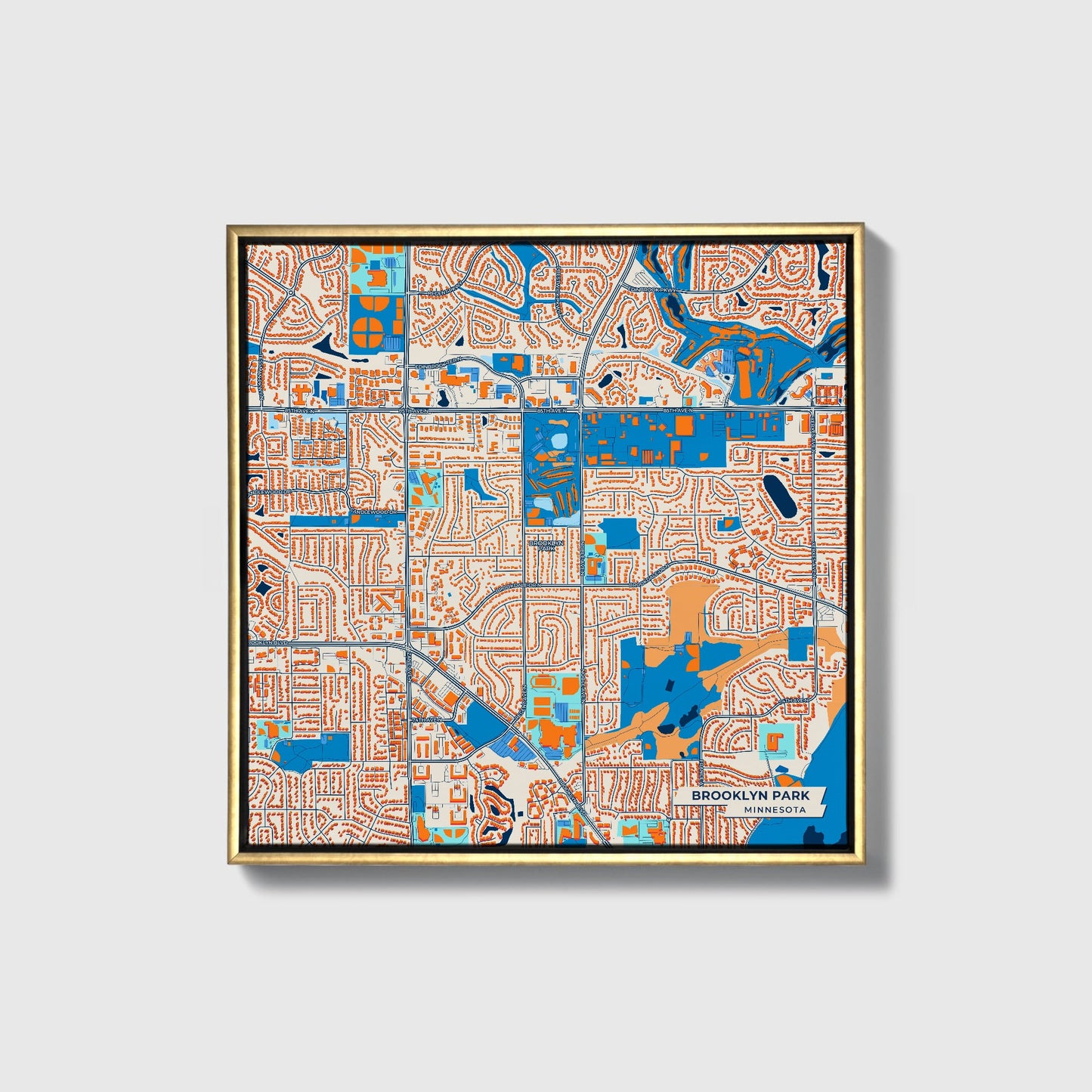 Brooklyn Park Minnesota Colorful City Map Canvas Print • Gold Framed