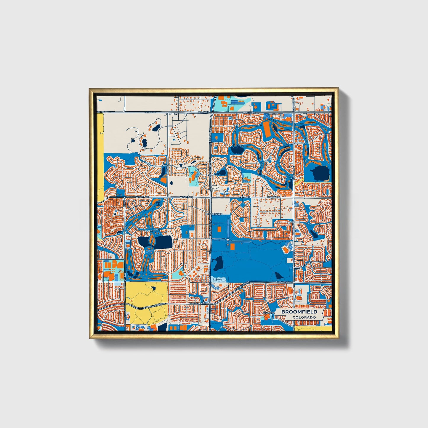 Broomfield Colorado Colorful City Map Canvas Print • Gold Framed