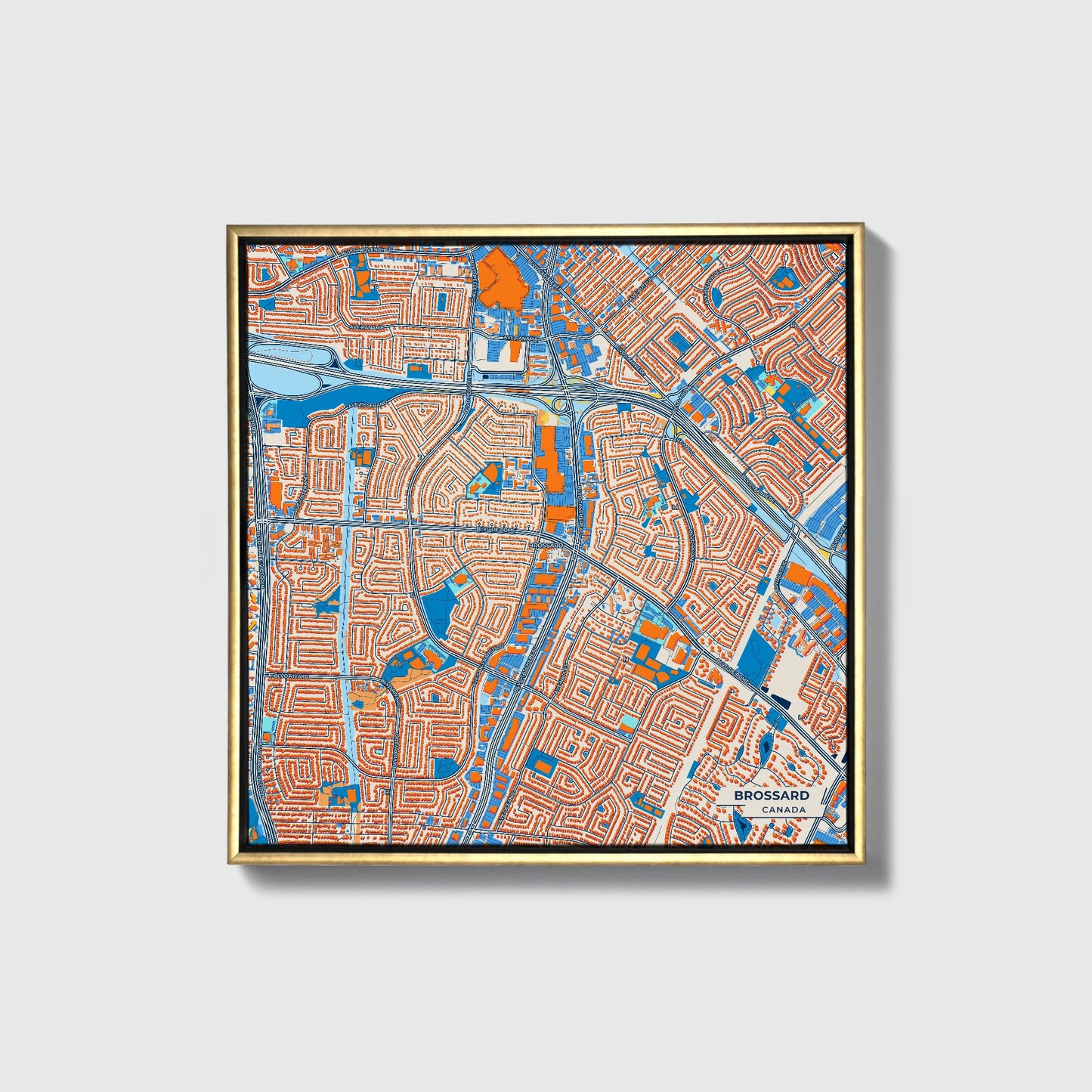 Brossard Canada Colorful City Map Canvas Print • Gold Framed