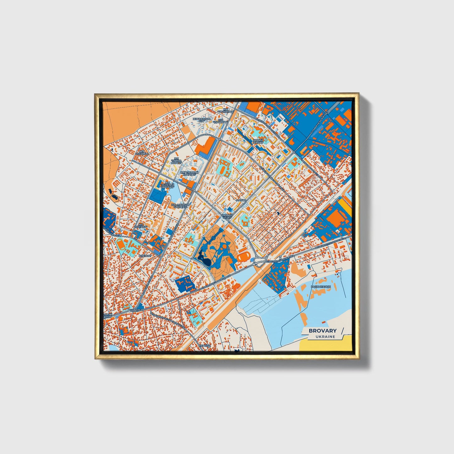 Броварний Ukraine Colorful City Map Canvas Print • Gold Framed