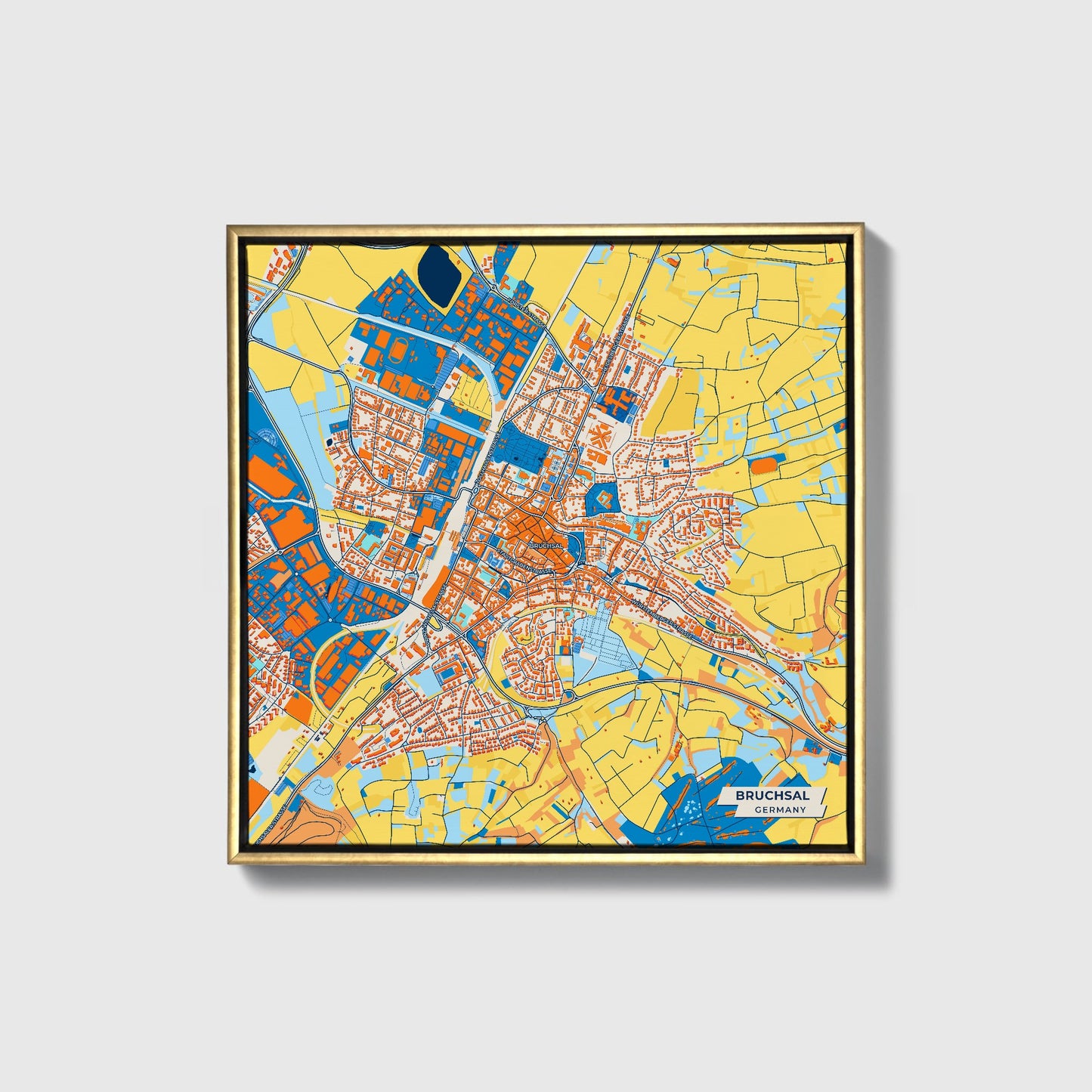 Bruchsal Germany Colorful City Map Canvas Print • Gold Framed