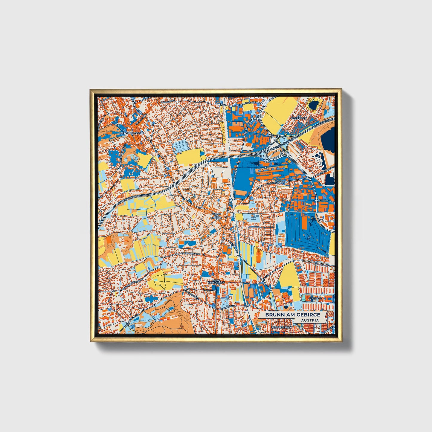 Brunn Am Gebirge Austria Colorful City Map Canvas Print • Gold Framed