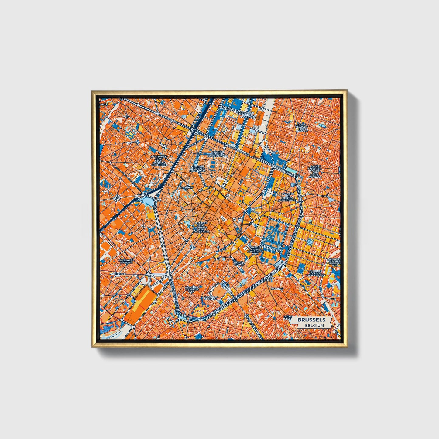 Brussels Belgium Colorful City Map Canvas Print • Gold Framed